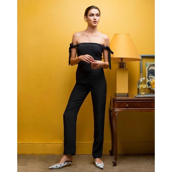 NWT STAUD Rosa Jumpsuit Black Crepe Size 2 Straight Leg Lightweight Off Shoulder - Picture 1 of 16